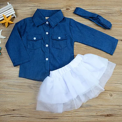 Новый осенне-весенний комплект детской модной одежды для маленьких девочек, джинсовая рубашка + юбка с леопардовым принтом + повязка на голову, комплект из 3 предметов
