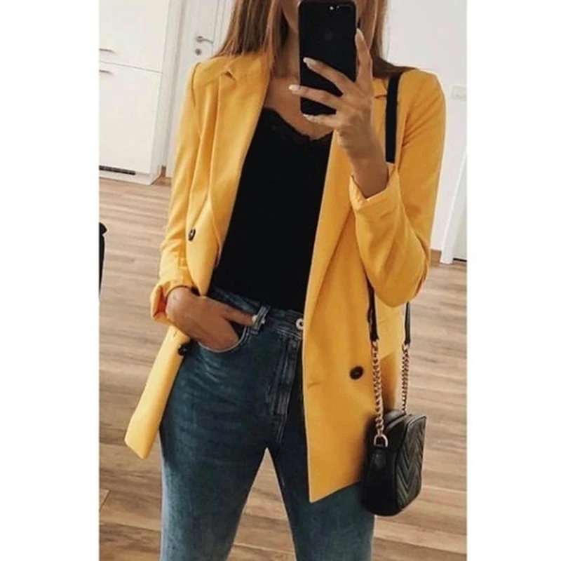 

Women 2020 Fashion Office Wear Pockets Blazers Coat Vintage Notched Collar Long Sleeve Female Outerwear Chic Tops