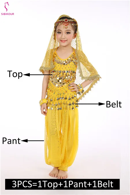 Yellow 3pcs Детский набор костюма для танца живота Восточные Танцевальные костюмы для девочек Египетский Болливуд индийский танец живота одежда Индия 8 цветов - Цвет: Yellow 3pcs