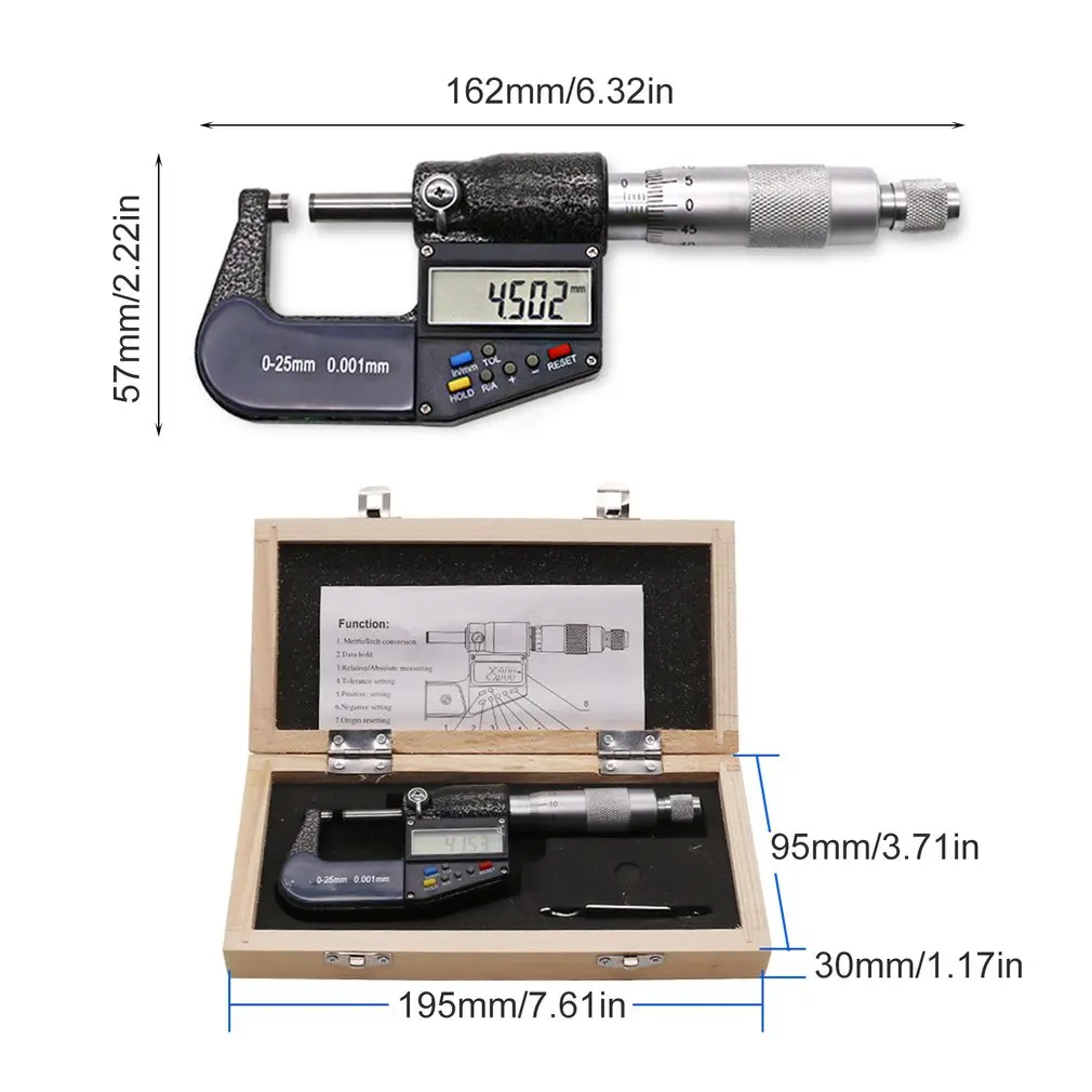 

LCD Digital Outside Micrometer 0-25mm/0.001mm Electronic Gauge Vernier Caliper Meter 7 keys Carbide Tip Measuring Tools