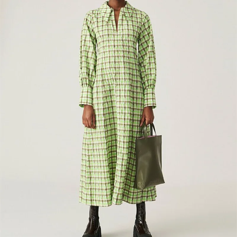 

Женское платье с длинным рукавом-фонариком, повседневное зеленое клетчатое платье Макси длиной до щиколотки с отложным воротником на молни...