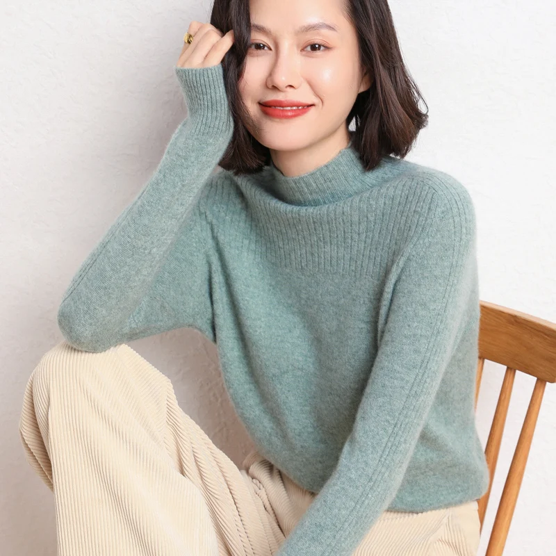 

100% Wool Women Stripe High Collar Out Knit Sweater Long Sleeve Casual Solid Female Tops Ladies Sweater