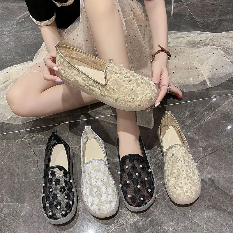 

2021 Summer Footwear Flat With Shoes for Women Floral Pattern Casual Shoes Slip-On Loafers Mesh Patchwork Ladies Shoes BJ3812