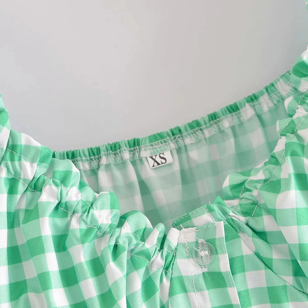 

XEASY 2021 New Summer Women Sweet Plaid Dress Girl Slim Casual V-neck Single-Breasted Cute Dress Vintage Puff Sleeve Mini Dresse