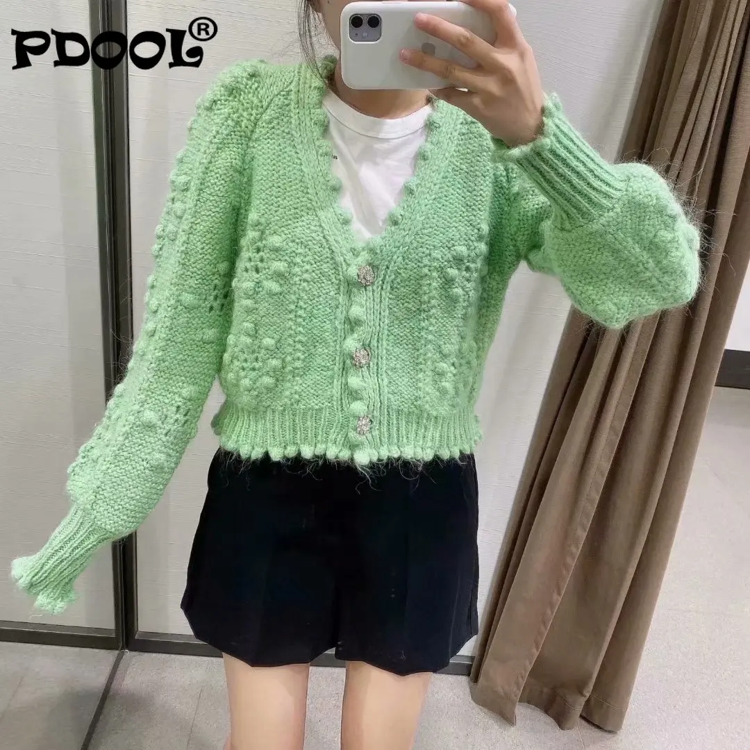 

New Women Fashion V neck Ball Appliques Cardigan Knitting Za Sweater Long Sleeve Casual Buttons Sweaters Chic Tops