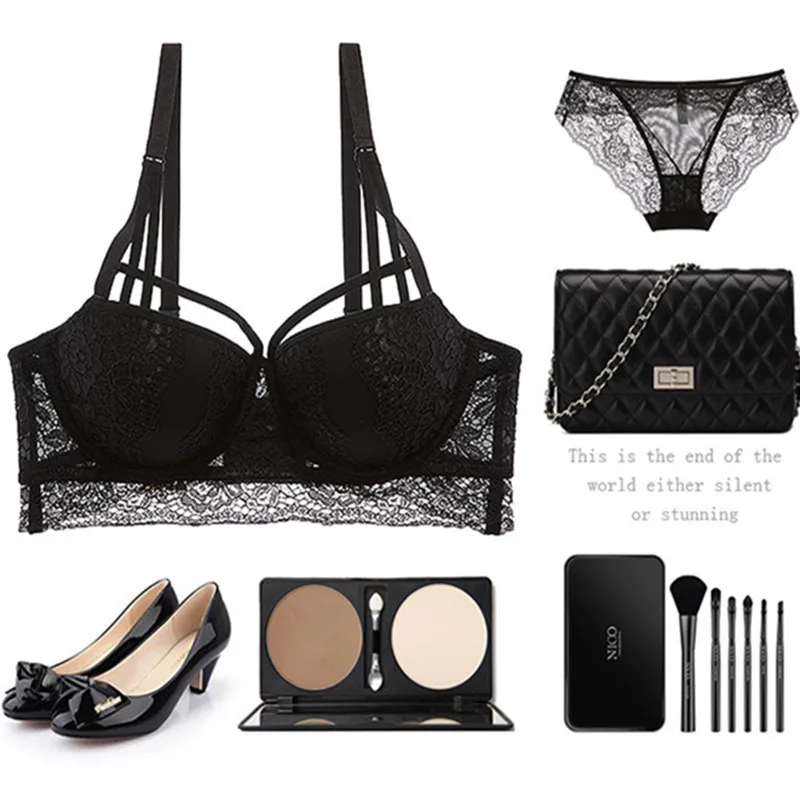 

New Top Sexy Underwear Set Cotton Push-up Bra and Panty Sets 3/4 Cup Brand Green Lace Lingerie Set Women Deep V Brassiere Black