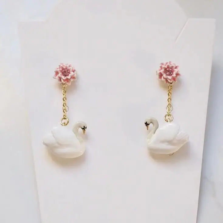 stud earring Роскошные Дизайнерские эмалированные глазурь Белый лебедь женские серьги-гвоздики ожерелье ювелирные изделия Вечерние - Окраска металла: stud earring