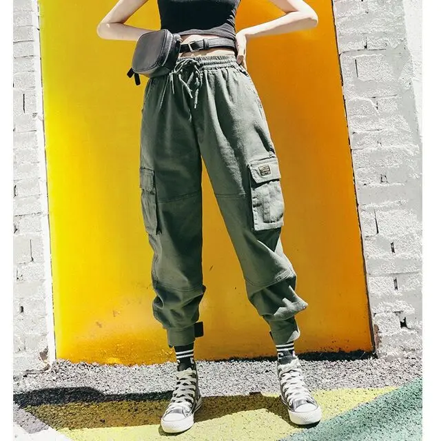 Хлопковые брюки карго с высокой талией 2019 весенние розовые хаки черные женские |