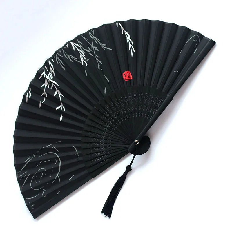 

Chinese Silk Folding Fan Wooden Shank Classical Dance High Quality Tassel Elegent Female Home Decoration