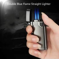 double blue flame straight metal lighter inflatable lighter windproof ultra thin lighter cigarette accessories gadget for men