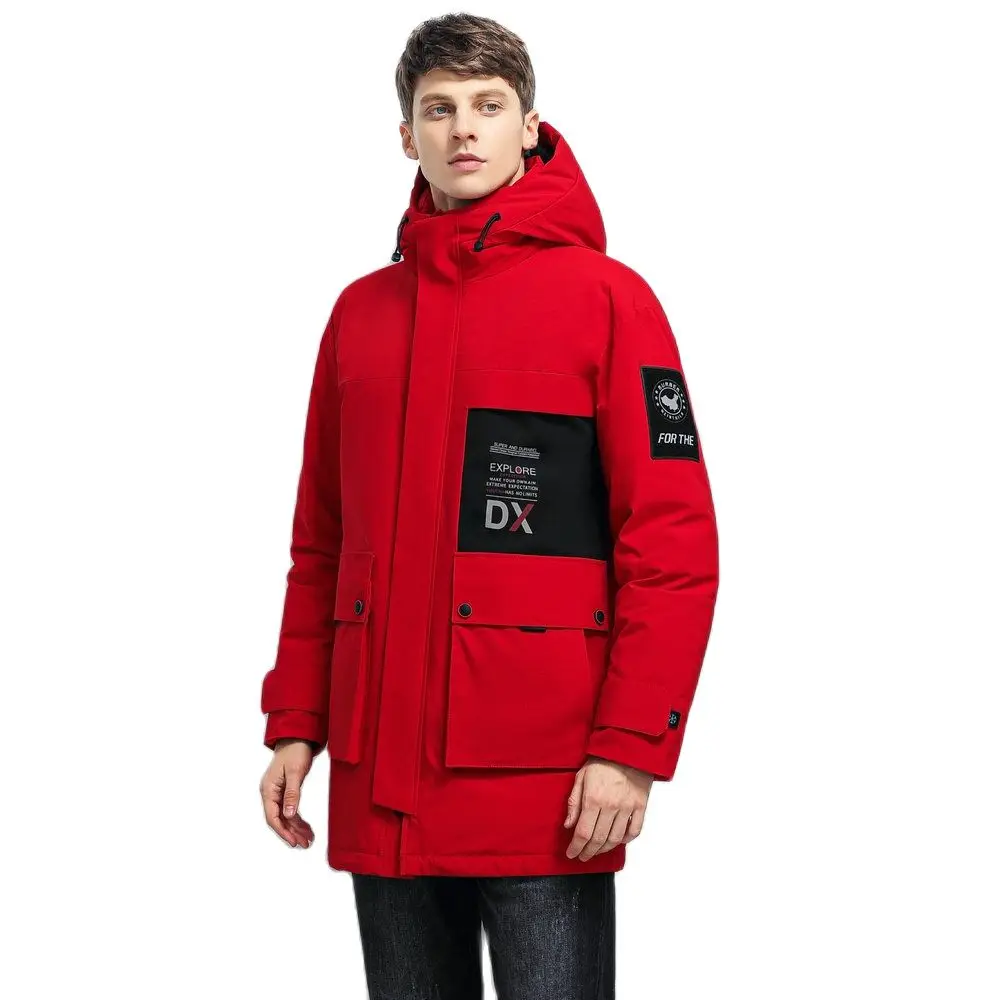 

Новое поступление 2021, зимняя мужская куртка с капюшоном на 90% белом утином пуху, парки, Мужская модная Толстая теплая длинная красная ветроз...