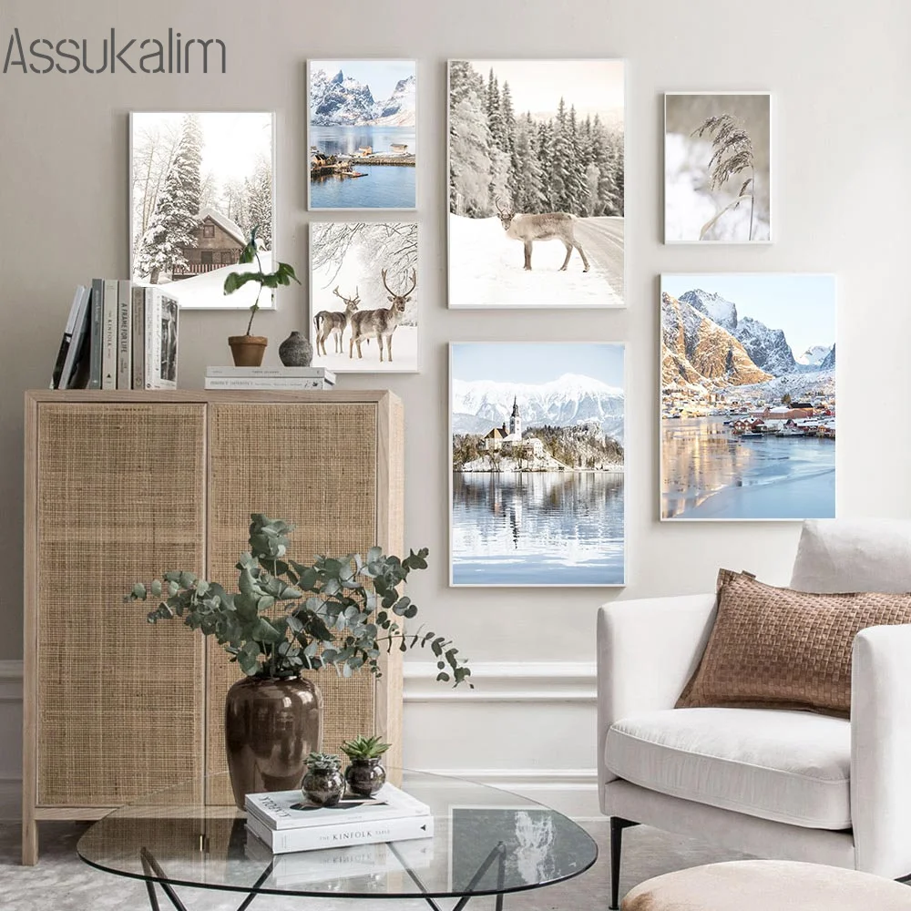 

Winter Snow Scene Poster Mountain Lake Wall Art Painting Hay Prints Forest Deer Poster Nordic Canvas Paintings Living Room Decor