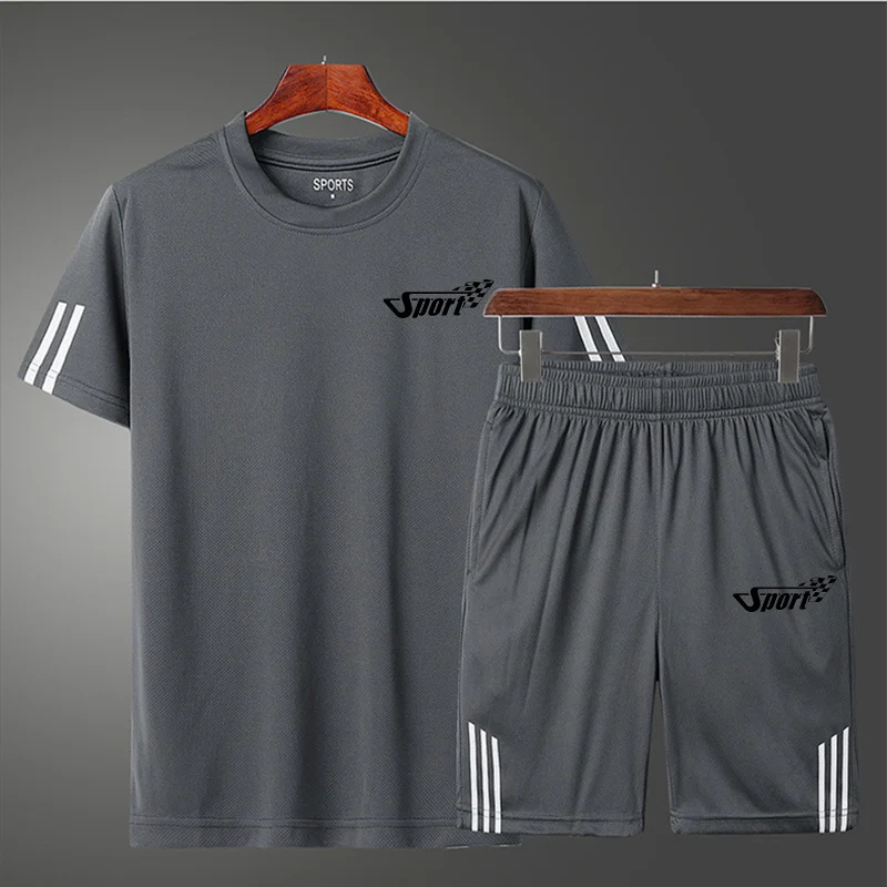 

2021 Summer Men's T-shirt 2-piece Men's Sportswear Basketball Sports Printed Striped Short Sleeve + Shorts Men's Suit