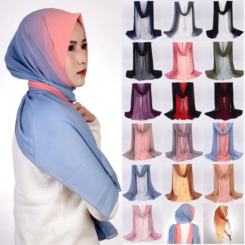 

Breathable Gradient Color Chiffon Indian Hijab Turkish for Muslim Women 2021 Spring Summer Islam Headscarf Soft Turban Headwraps
