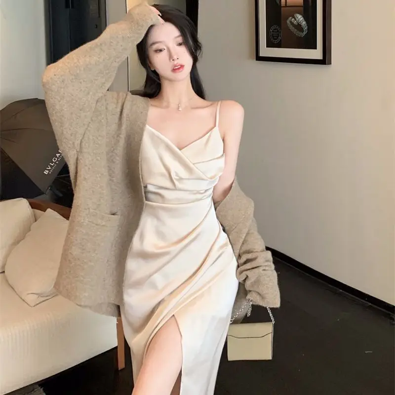 

Fashion Sling Dress With Oversized Knitted Cardigan Two-Piece Suit For Autumn Winter 2021 Women'S Korean Sexy Party Clothes