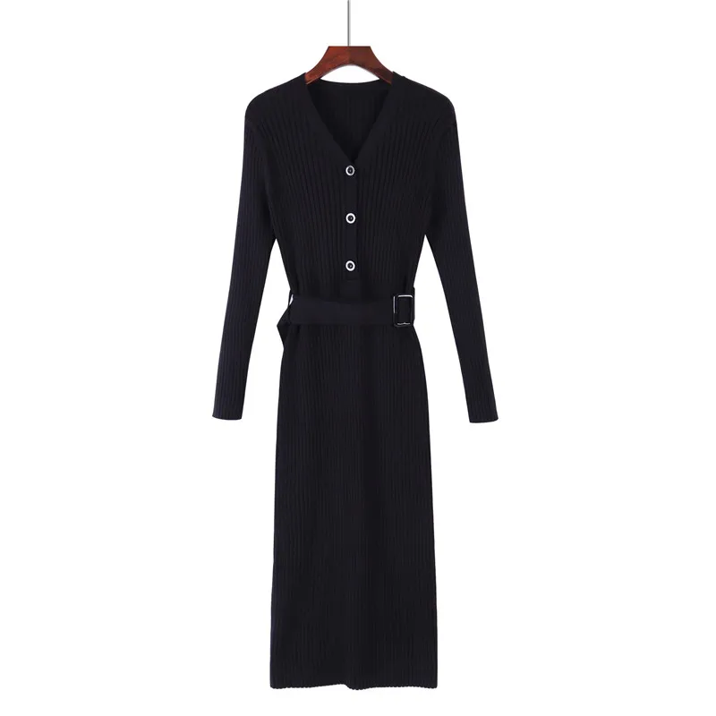 

2020 Autumn Winter New V Neck Belt Medium Calf Slim Knit Dress Women's Fashion Casual Bottoming Long Sweater Female