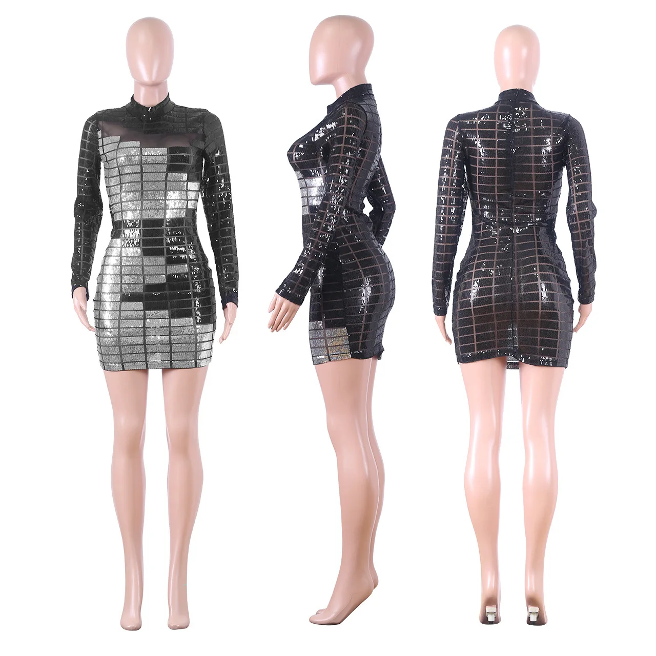 

PinePear Sequin Sexy Mesh Bodycon Mini Dress Women 2020 Long Sleeve Turtleneck Night Club Party Tight Fitted Dresses Wholesale