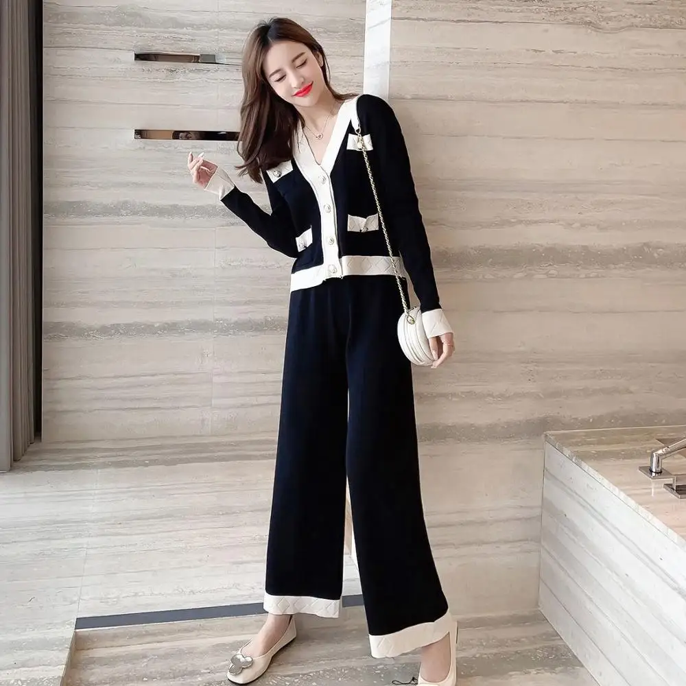 Women Autumn Cardigans Pants Suit Knitted Long Sleeve Sexy V-neck Single Breasted Sweater And Trousers Elegant Korean Office Set |