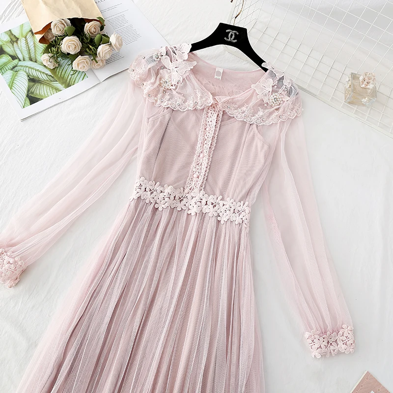 

Fairy Women Mesh Dress Crochet Beading Voile Long Sleeves French Vintage Party Ruffles Dresses Female Casual Elegant Vestidos