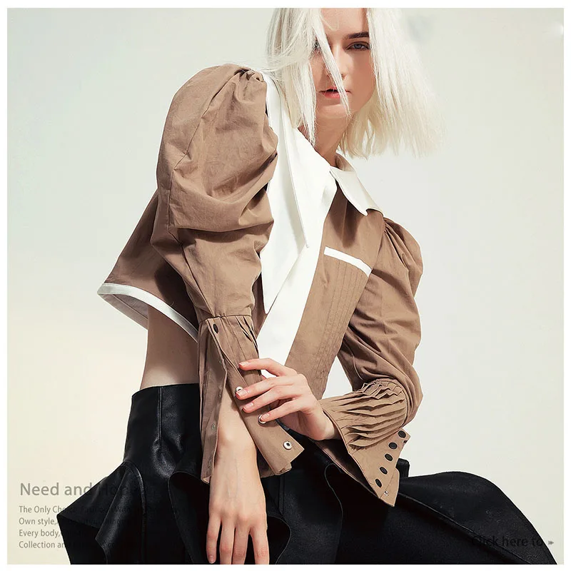 

Donsignet Women Jackets French Asymmetric Contrast Collar Lamb Leg Sleeve Short Shirt Top Coat Women Fashion High Street Jackets