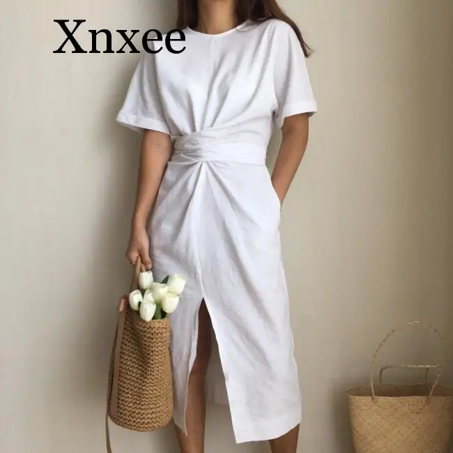 

white bow belt women's summer cotton bodycon vintage long dress female short sleeve bandage vestidos split plus size dresses
