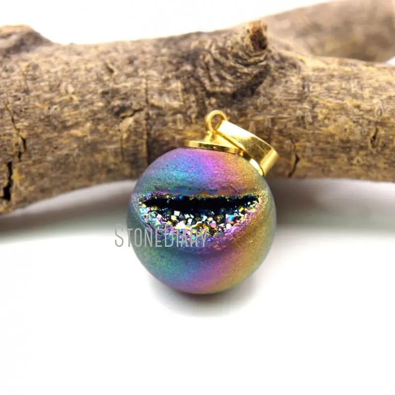 PM17335 Радужный кристалл друза медные круглые бусины подвеска титановое покрытие