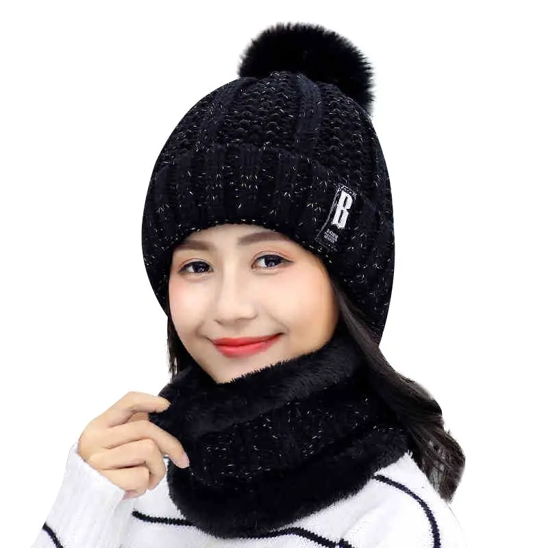 

2019 Autumn And Winter New Plus Velvet Thickening Scarf To Keep Warm A Few People Knitted Wool Cap Black