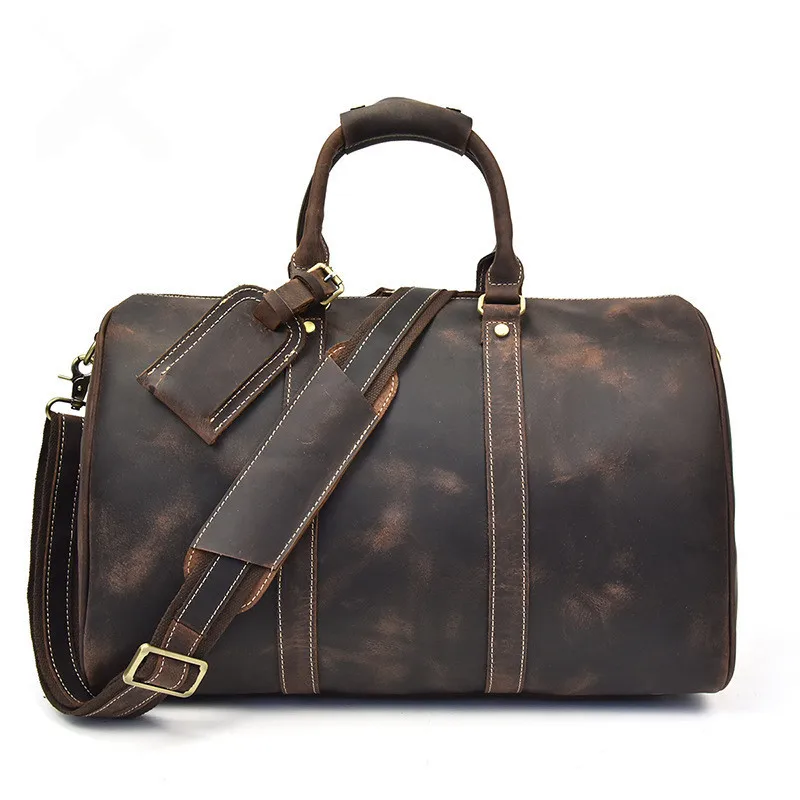 Men Vintage Crazy Horse Genuine Leather Travel Bags Handbags Duffle Cowhide Men's Shoulder Bag Carry on durable Luggage Totes