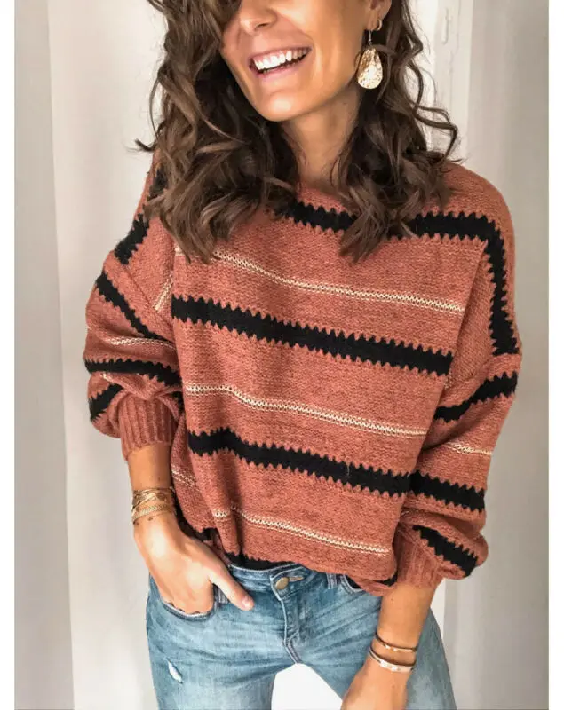 Fashion Women Wrap Autumn V-Neck Striped Tops Knitted Sweater Casual Pullover Jumper Ladies Long Sleeve Loose Shirts Knitwear | Женская
