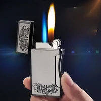 personalized carved double flame lighter grinding wheel open flame side pressure straight gas lighter smoking accessories