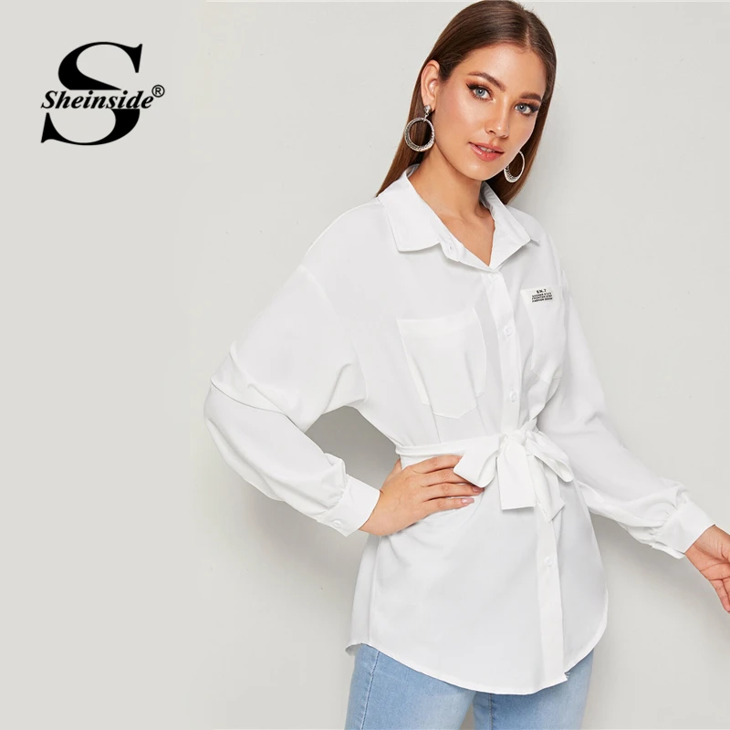 Sheinside, повседневный белый буквенный принт, карманная блузка для женщин, Осенний топ с рукавами-фонариками, ярусныеблузки, с плотным поясом