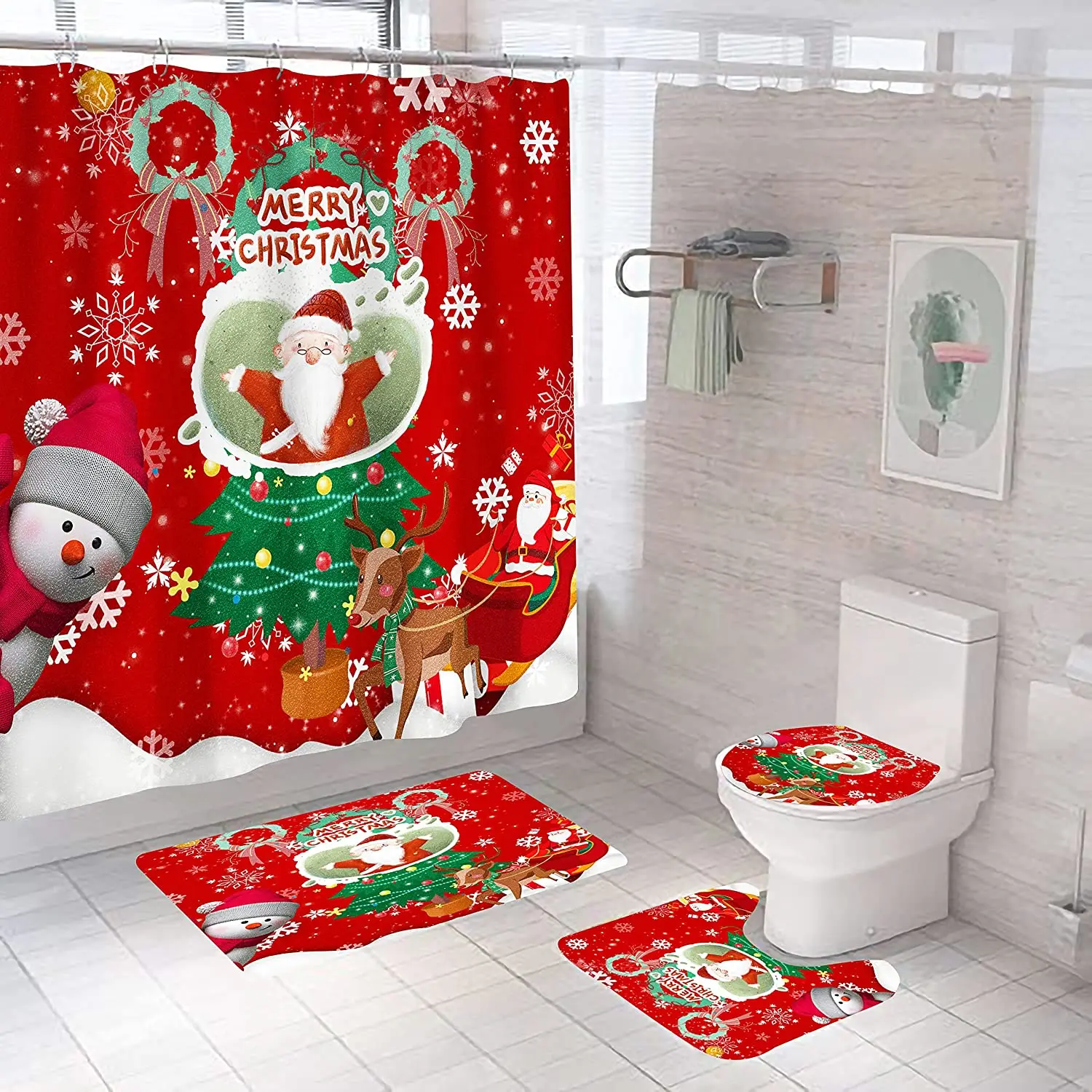 

Merry Christmas Print Shower Curtain Set Carpet Cover Toilet Cover Bathroom Mat Cushion Cover Bathroom Curtain Household