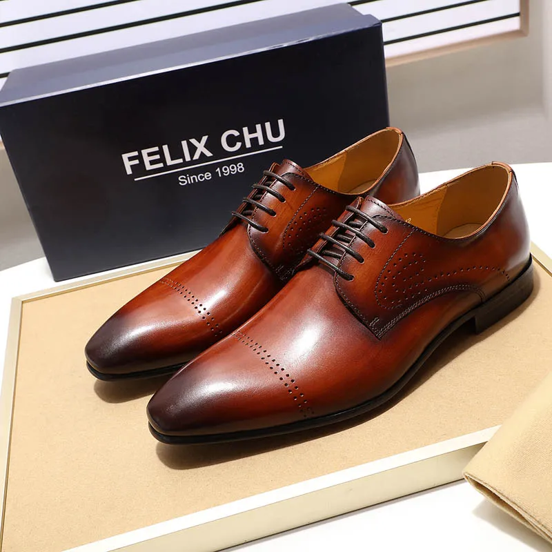 Мужские модельные туфли FELIX CHU серые коричневые Броги из натуральной кожи с