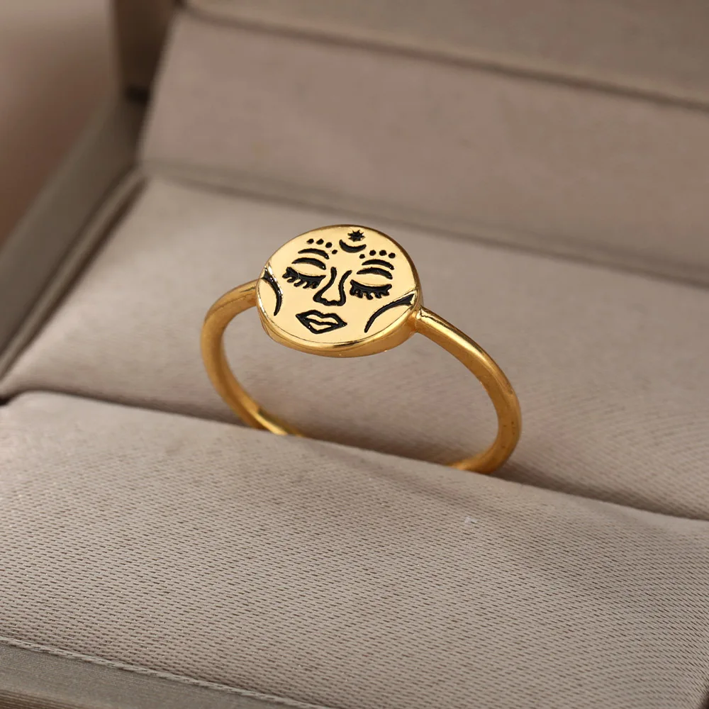

Aesthetic Rings For Women Vintage Stainless Steel Sun Face Punk Couple Ring Fashion Exaggeration Jewelry Gothic Accessories Gift