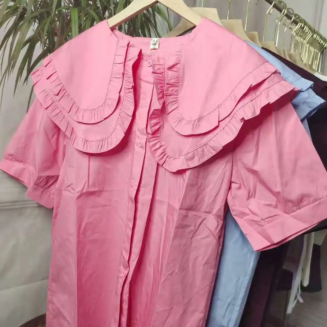 

Summer Short Sleeve Peter Pan Collar Shirts Womens 2021 Japanese Style Ruffled Neck Loose Cotton Blouse Pure Button Up Topes