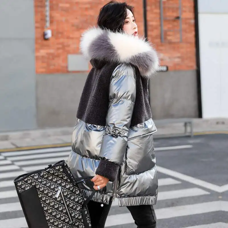 Thick Lamb Wool Stitching Shiny Cotton Coat Mid-Length Women's 2020 New Winter Padded Clothing Down Cotton Coat Female Loose B2