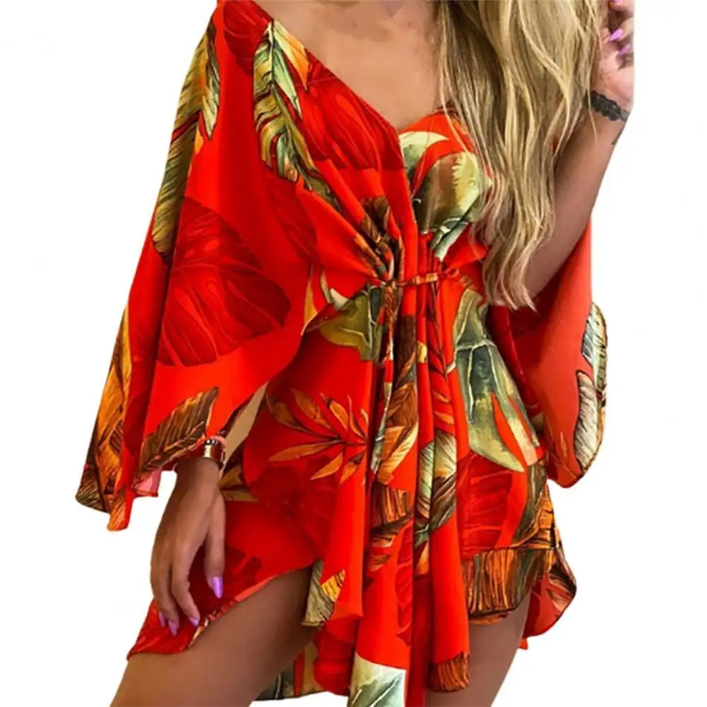 

New Summer Women Mini Dress Sexy Tie Front V Neck Irregular Hem Tropical Print y2k Elegant Dresses Beachwear
