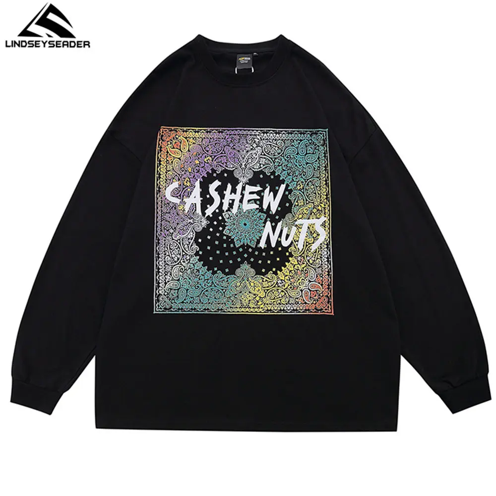 

Men's T-shirt Vintage Colorful Paisley Printed Hip Hop Oversize Streetwear Harajuku Full Sleeve T Shirt Cotton Tops Men Clothing