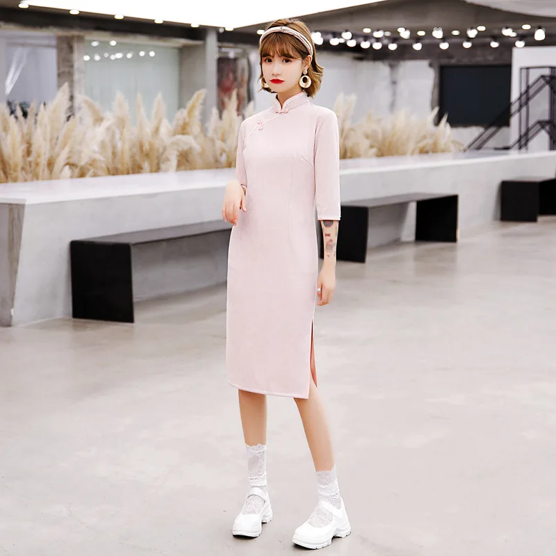 

Женское клетчатое Замшевое платье Ципао, элегантное винтажное платье Ципао с кружевной отделкой и рукавом 3/4, классическое китайское плать...