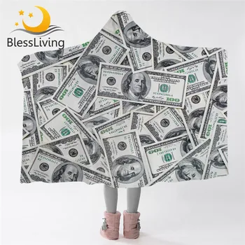 BlessLiving Money Pattern Hooded Blanket Dollar Motif Print Microfiber Sherpa Blanket 3D Modern Wearable Blanket Vivid Bedding 1
