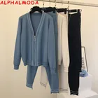 Женский трикотажный костюм ALPHALMODA, кардиган на молнии с V-образным вырезом и длинными рукавами и брюки, повседневный вязаный спортивный костюм, Осень-зима 2020