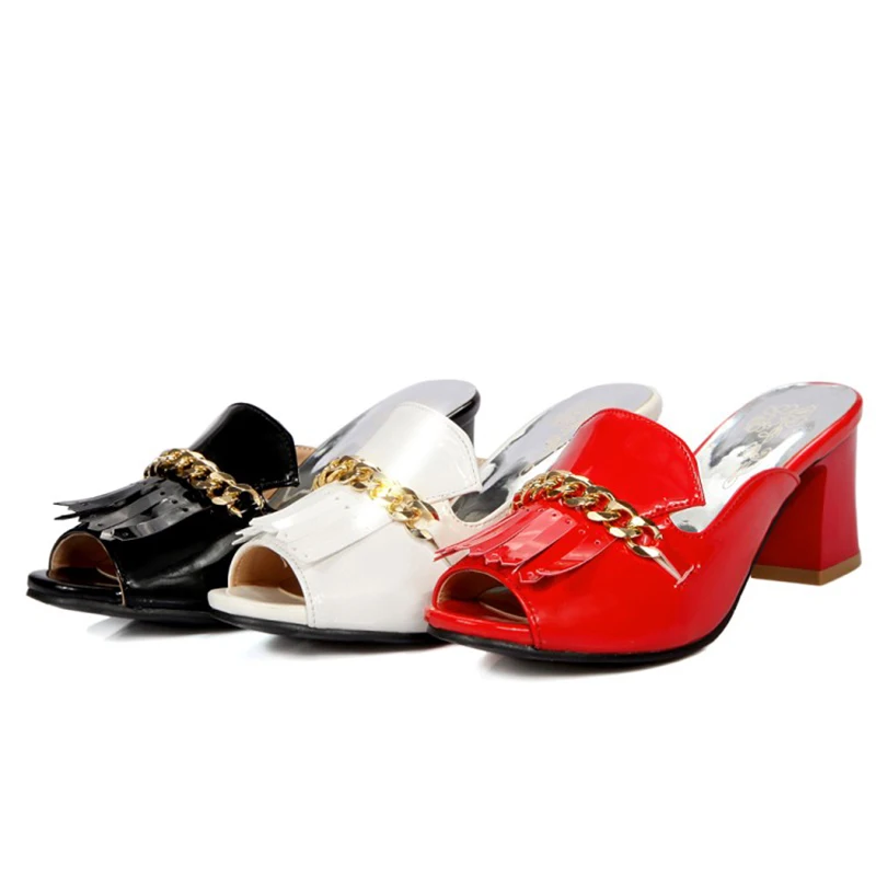 KOLNOO Handmade 5cm Mid-Heels Slippers Easy Wear Chains Peep-Toe Sexy Summer Sandals Three Colors Outdoor Fashion Daily Shoes