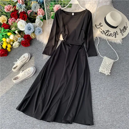 Винтажное тонкое осеннее длинное платье миди весенние вечерние платья vestido de festa Женские повседневные 3/4 рукава А-силуэта элегантные ретро платья - Цвет: Черный