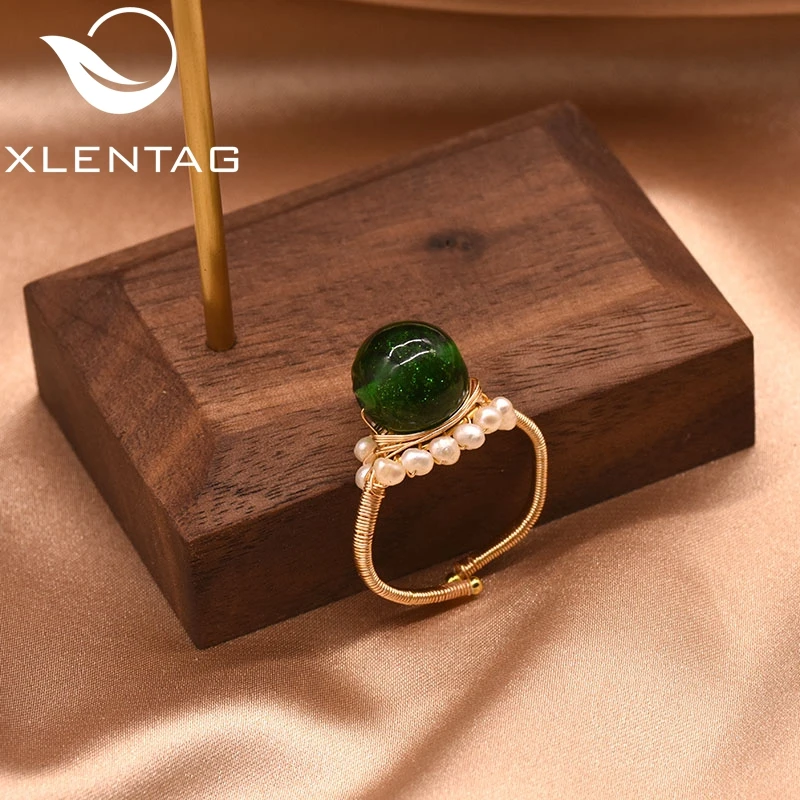 

XlentAg Natural Fresh Water White Pearl Green Glass Ring For Women Minimalist Wedding Engagment Luxury Gift Anillos Mujer GR0252
