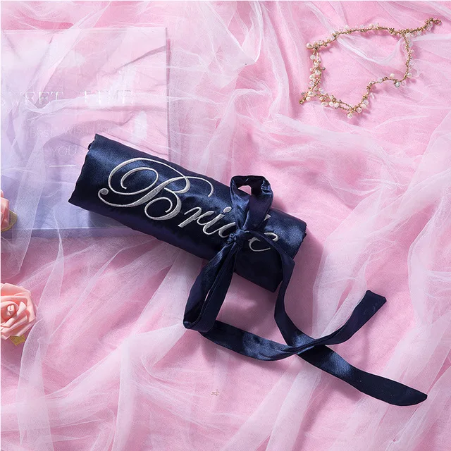navy blue bride Халат для невесты, подружки невесты, Атласный халат, Элегантная пижама, сексуальный женский халат из вискозы, халат, кимоно, Шелковый банный халат, для сна, для отдыха - Цвет: navy blue bride