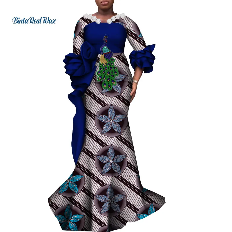 Flare Sleeve African Print Long Dresses for Women Bazin Riche Elegant Wedding Party Dress Vestidos African Women Clothing WY7074