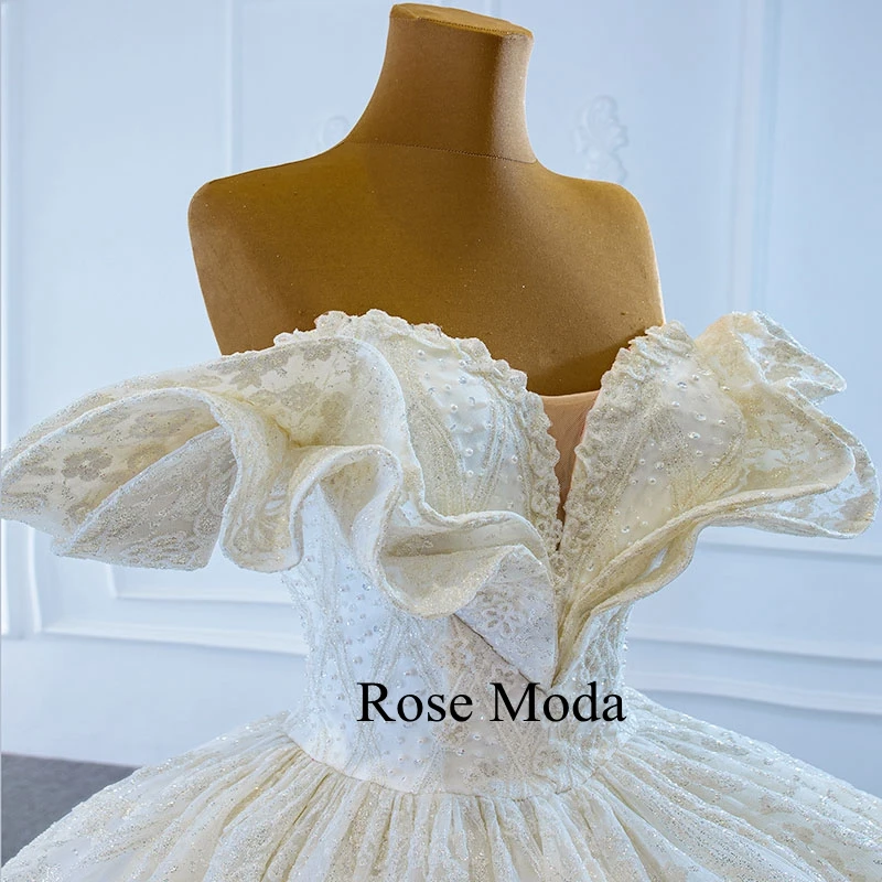 Rose Moda Luxury Off Shoulder Glittering Lace Wedding Dress with Long Train Princess Ball Gown Custom Make
