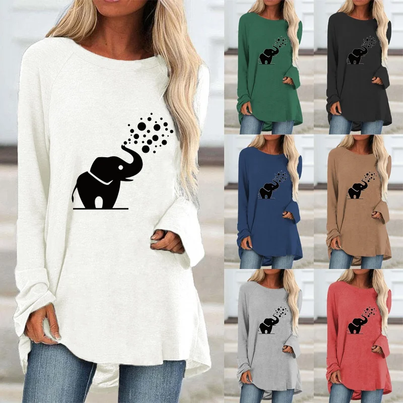 

Autumn New Fashion Printing Graphic Round Neck Pullover Loose Casual Shirt Long Sleeve Women Clothing Solid Color Plus Size Tops