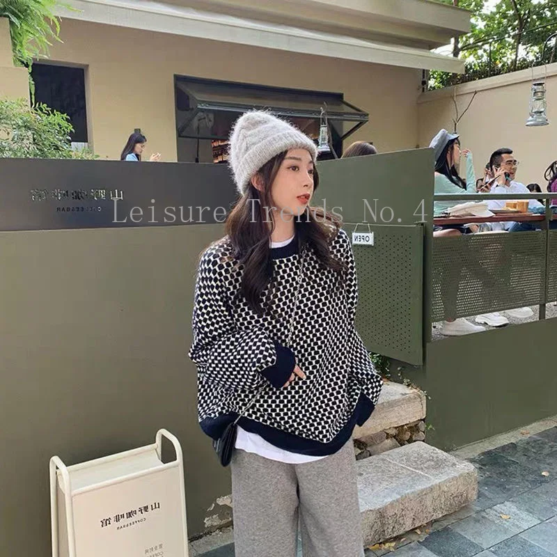 

Europe Station Soft Waxy Round Collar Is Worn Outside Sweater Of Bottom Blouse Woman Loose Languid Lazy High Sense Mosaic Grid