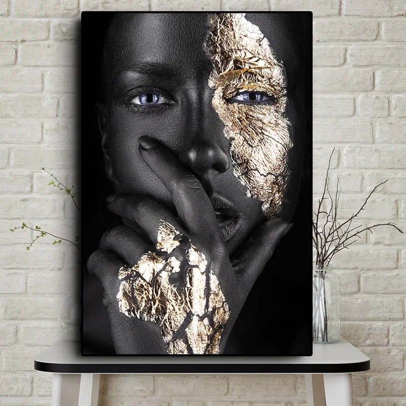 

African Art Black and Gold Woman Oil Painting on Canvas Cuadros Posters and Prints Scandinavian Wall Art Picture for Living Room